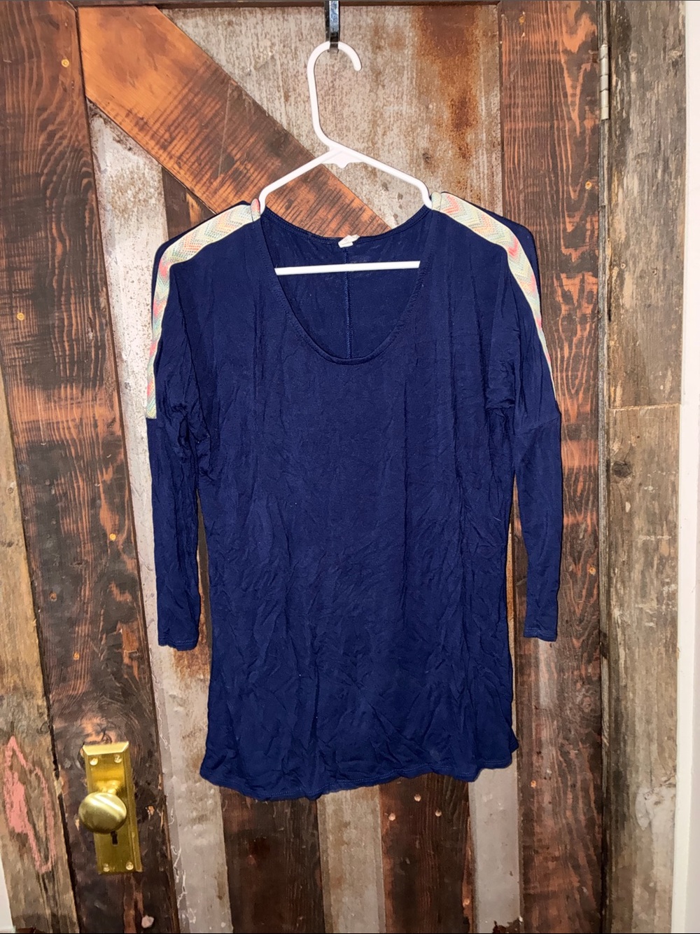 Pinkblush Navy Long Sleeve Tee with Multicolor Shoulder Accents
